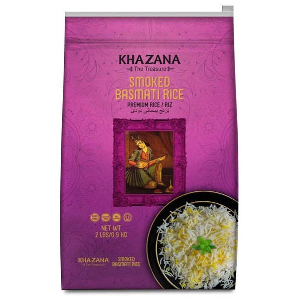 Khazana Premium Smoked Basmati Rice - 2lb Resealable Ziploc Bag | Aged Aromatic, Flavorful, Authentic Grain From India | GMO-Free, Gluten Free, Cholesterol Free & Kosher