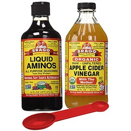 Bragg Variety Pack: Bragg Organic Liquid Aminos 16 oz + Bragg Apple Cider Vinegar Organic Raw Unfiltered, 16 Oz; with Bonus Measuring Spoon