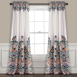 Lush Decor Clara Curtains Paisley Damask Print Bohemian Style Light Filtering Window Panel Set for Living, Dining, Bedroom (Pair), 52" W x 95" L, Navy & Tangerine