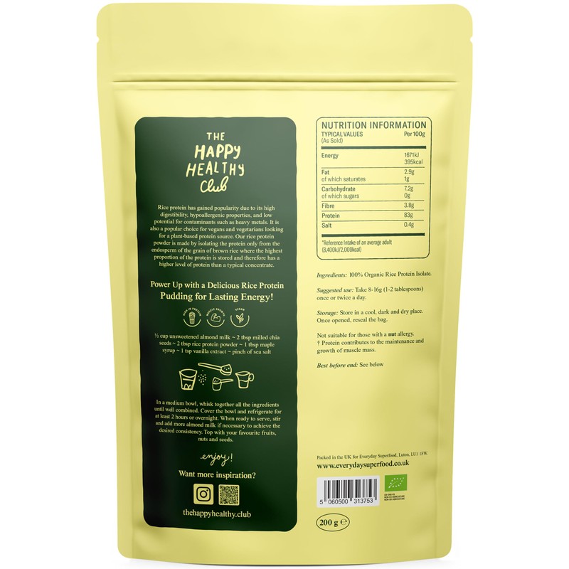 Everyday Superfood Organic Rice Protein Powder, 190g | Natural Water-Based