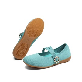 ZUXYAFU Women's Flats Mary Jane Ballet Flats Comfortable Knit Casual Ballerina Walking Dressy Office Slip-on Shoes with Adjustable Straps, 047 Blue-Green 10 US