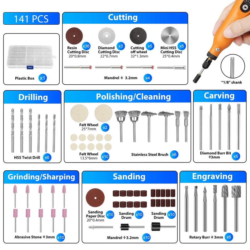 141 PCS Rotary Tool Accessories Kit, 1/8 Inch Shank Electric