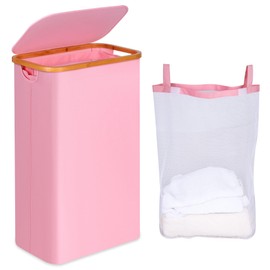 iEGrow 75L Slim Laundry Hamper, Narrow Laundry Basket with Lid,Foldable Clothes Hamper with Bamboo Handles,Hamper Basket with Removable Inner Bag for Laundry Room Bedroom College Dorm,19.8 Gals Pink