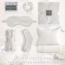 JOOJA Birthday Get Well Soon Cozy Gift Basket Care Package for Women with Blanket, Fuzzy Socks, Eye Mask, Headband Cozy Essentials - White