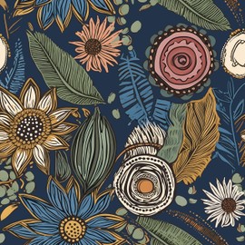 Boho Wallpaper Peel and Stick,Vintage Floral Contact Paper 17.5" x 118", Retro Botanical Flower Wall Paper Self Adhesive Removable Waterproof for Walls Shelves Cabinet Table (Blue,Yellow, Green)