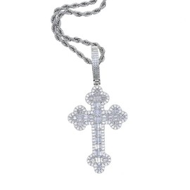 Hip Hop Cross Pendant Necklace for Men Gold Plated Silver Iced Out Bling 5A Cubic Zirconia Classic Rock Jewelry with 24inch Stainless Steel Rope Chain Platinum