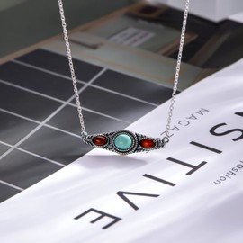 BETHZA Women's Turquoise Necklace 925 Sterling Silver with Red Agate Pendant