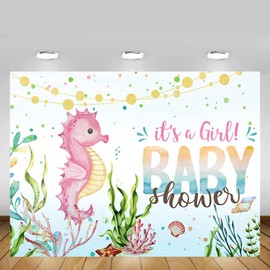 MEHOFOND 7x5ft Girl Baby Shower Pink Seahorse Backdrop Under The Sea Corals It's A Girl Watercolor Background Shell Dessert Table Supplies Photo Booth Banner Props