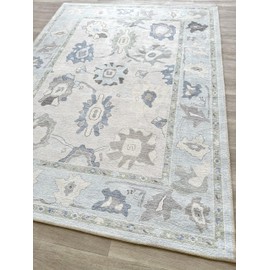 Cream Blue Oushak Rug, Modern Small Rugs, Vintage, Turkish, Eclectic, Floral, Pastel, Washable, Door Mat, Doormat for Indoor Entrance, Entryway, Kitchen, Bathroom, Bedroom, Laundry, 2'x3'