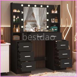 Yamissi Makeup Vanity Desk with Mirror & LED Lights Dressing Table with 7 Drawers Black