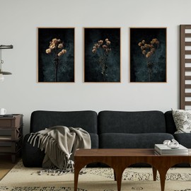 LHIUEM Dark Moody Wildflowers Framed Canvas Wall Art Set,Minimalist Wildflower Wall Decor,Vintage Black Flower Botanical Painting, Aesthetic Floral Artwork for Living Room,Bedroom,Office-16''x24''x3