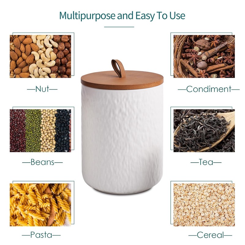 JOJUNO White Ceramic Canister Set with Wooden Lid, 3-Piece Airtight