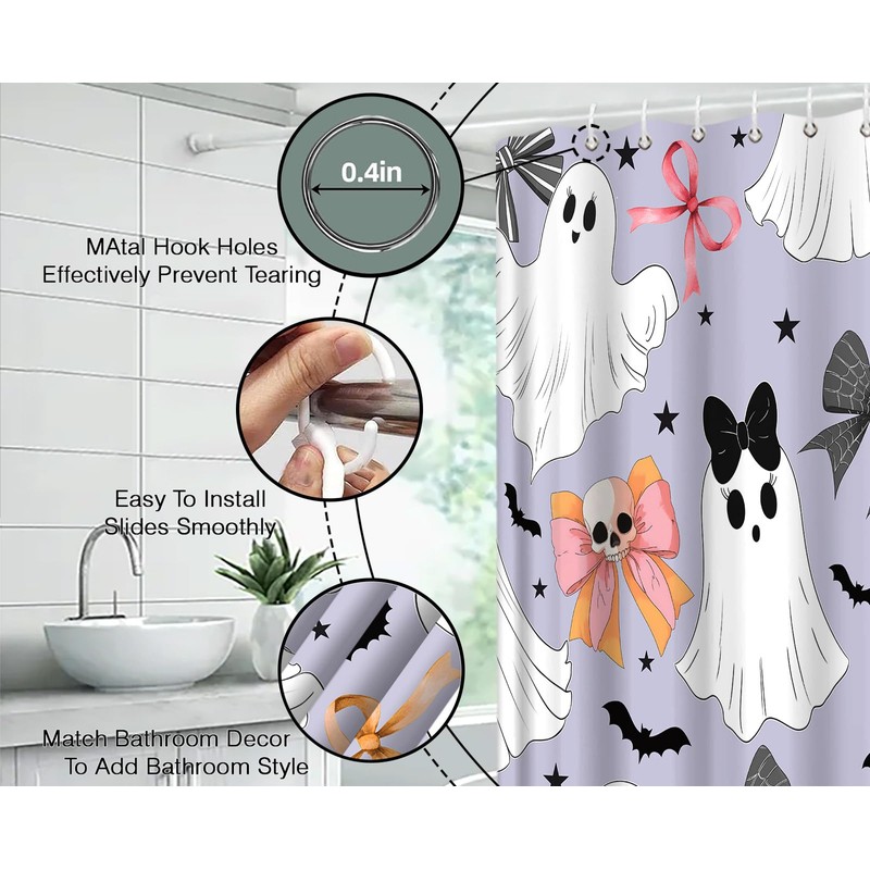 NYCCSM Halloween Bow Ghost Shower Curtain Hooks,71W x71H