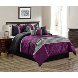 7 Piece Purple/Grey/Black/Gray Scroll Embroidery Bed in A Bag Microfiber Comforter Set (Double) Full Size Bedding. Perfect for Any Bed Room or Guest Room