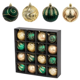 3.15" Luxury Christmas Tree Balls Ornaments, 16Pcs Colored Shatterproof Plastic Hanging Ornaments Set for Christmas Trees Decor/Wedding/Holiday/Party (Gold & Green)