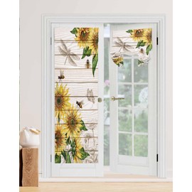 Blackout French Door Curtains Rustic Style Sunflower with Bee Vintage Wood Grain Privacy Door Window Curtain Tie up Shade Sidelight Curtain for Patio Front Glass Door, 1 Panel, 26x70 Inch