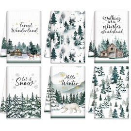 FuWeave 6 Pcs Winter Kitchen Towels Wonderland Dish Towels 21.26 x 14.17 Inch Absorbent Snow Bear Reindeer Tree Hand Towels Watercolor Farmhouse Holiday Xmas Tea Towel for Kitchen Decor Gifts