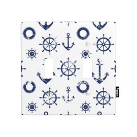 Pznen Nautical Blue Anchor Double Toggle Light Switch Cover Beach Ocean Coast Navy Blue Decorative Wall Plate Covers 2-Gang Toggle Switch Plates Home Decorative Office
