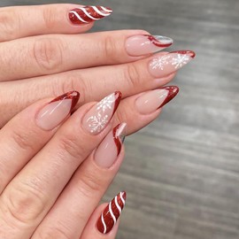 Christmas Press on Nails Medium Almond MABKJLF French Tip Fake Nails False Nails with Designs Swirl Snowflake Red & White Glossy Glue on Nails Acrylic Nails for Women Girls 24 Pcs
