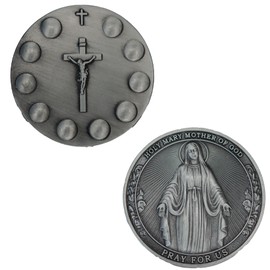 Catholic Rosary Challenge Coin, Religious Medallion with Holy Mary and Crucifix, Antique Silver Finish