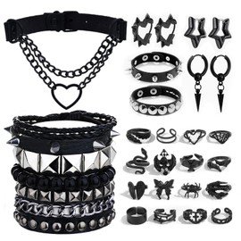 PNYFIL 26 Pcs Gothic Punk Jewelry Set for Women & Men - Y2K Emo Goth Grunge Accessories Kit with Leather Studded Bracelets, Heart Chain Chokers, Black Earrings & Vintage Rings | Rock Outfit Gift