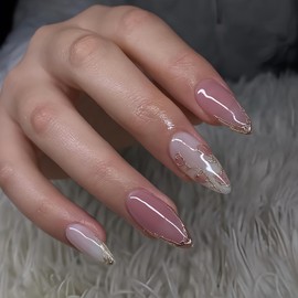 Press On Nails Almond Medium,Pink Fake Nails With French Tips And Gold Border Heart Glitter Design,Glossy Full Cover Acrylic Nails Press Ons Gold,Natural Reusable Glue On Nails Kit For Women