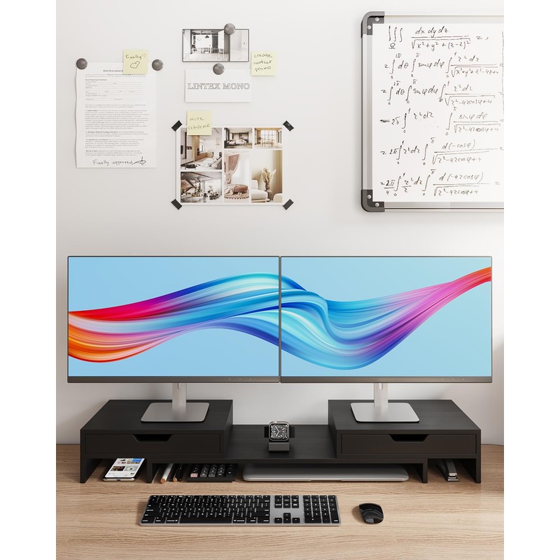 Epesoware Dual Monitor Riser with Two Drawers for Desk, Bamboo