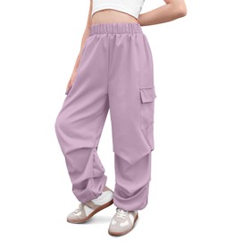 Big Girls Summer Baggy Parachute Y2K Cargo Pants Cute Soild Wide Leg Hiking Joggers Purple 13-14 Years