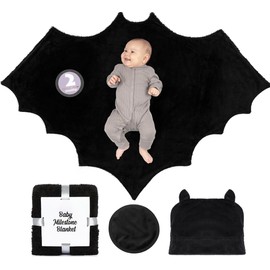 Bumba Kids Multi-Use Bat Blanket has a Monthly Baby Milestone Blanket Option and Plush Black Baby Hat with Ears, Baby Bat Swaddle Blanket, Goth Baby Stuff