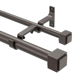 Double Curtain Rods with Square Heavy Duty Aluminum Alloy Finials - 72 to 144' Telescoping Rods, 1 Inch Diameter Front and 5/8 Inch Diameter Back - Bronze