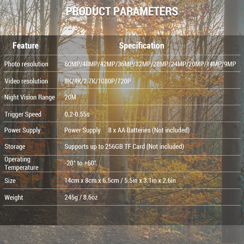 Trail Cam with 8K Video 60MP Images Night Vision Motion