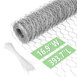 Chicken Wire 16.9 in x 393.7 in Poultry Wire Netting Hexagonal Galvanized Mesh Garden Fence Barrier for Pet Rabbit Chicken Fencing with 100 Pcs Cable Zip Ties