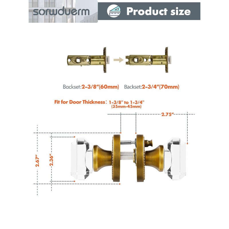 SORWDUERM 2 Pack Antique Brass Door Knobs - Crystal &