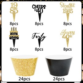 Lemicin 48PCS 40th Birthday Cupcake Toppers 1985 Black Gold Glitter Hello Forty Vintage Cupcake Picks Cheers to 40 Years 40th Happy Birthday Wedding Anniversary Party Decorations Supplies