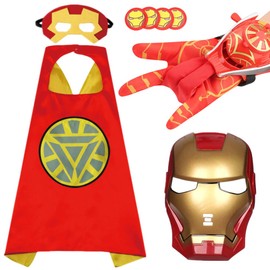 Iron Cape and Mask, Hero Web Gloves Party Costumes Launcher Gloves Wrist Toys Mask Cape Cloaks Set Web Shooter Cloak Coat Glove Toys Cartoon Masquerade Cosplay Theme Dressing Up Party for Kids