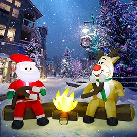 Joliyoou Christmas Inflatable Decorations, 7FT Blowup Santa and Reindeer Roasting Marshmallows Over Campfire, Lighted Xmas Inflatable for Yard Front Door Outdoor Indoor Decor