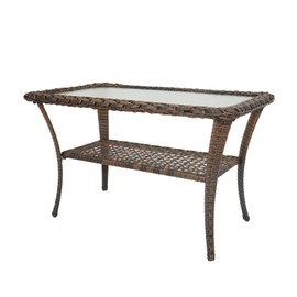Belord 38 Inch Outdoor Coffee Table with 2 Tier Storage - Wicker Coffee Table with Water Ripple Texture Tempered Glass Top, All Weather Patio Coffee Table for Deck Porch Balcony Garden Brown