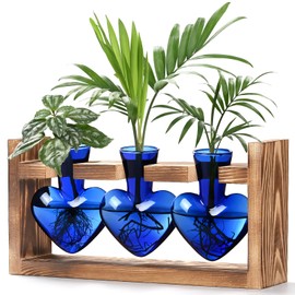 Lifecapido Heart Shaped Propagation Stations, Plant Terrarium with Wooden Stand, Plant Propagation Station for Hydroponics Plants Office Garden Home Decor, Gifts for Women Plant Lover (3 Vases, Blue)