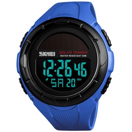 Gosasa Men's Outdoor Sports Multifunction Solar Power LED Digital Watches 50M Water Resistant (Blue)