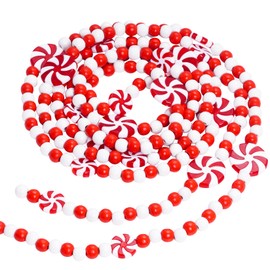 obmwang 10 Feet Christmas Wooden Bead Garland Christmas Candy Garland Red and White Peppermint Candy Bead Garland for Xmas Party Supplies Holiday Decor (Red and White)