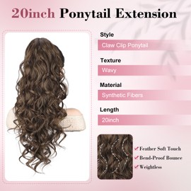 QGZ 20" Wavy Ponytail Extension, Claw Clip Ponytail Hair Extension, Natural Synthetic Hairpiece for Women Daily Use(Ginger Brown)