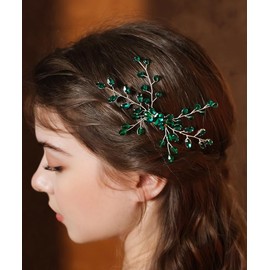 Teyglen Emerald Green Crystal Hair Comb Silver Bridal Rhinestone Headpiece Handmade Green Wedding Hair Comb for Bride Hair Accessories for Women