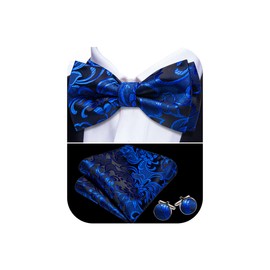 YOHOWA Royal Blue Black Bow Tie Set Men Floral Adjustable Silk Pre-Tied Bowtie Handkerchief Cufflinks Formal Wedding Party Prom