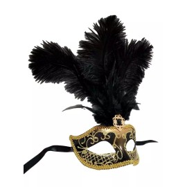 MGMB Gold Black Feather Venetian Masquerade Mardi Gras Jewel Gem Mask 12" New