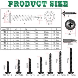 HXJDAM Pack of 200 Self-Tapping Screws Black, 4.2 x 16 mm Self Tapping Screws Carbon Steel Drilling Screws for Sheet Metal, Aluminium, Wood, Plastics