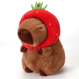 Riuhot Soft Capybara Stuffed Animals Cute Wear Strawberry Hat Capybara Plush Kawaii Plushie Christmas Valentine's Day Birthday for Kids(9in)