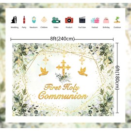 First Holy Communion Backdrop Greenery Baptism God Bless Backdrop Gold Cross Green Leaves Neutral Baby Shower Decorations Background (8X6FT (240x180cm))