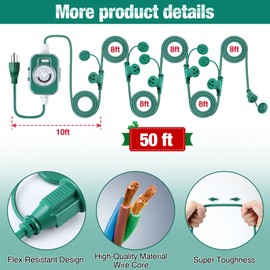 Feekoon Outdoor Extension Cord with Outlet Timer, Evenly Spaced 6 Outlets Plugs, Christmas Waterproof Green Extension Cord with Multiple sockets for Outside Holiday Xmas Lights(50 Ft)
