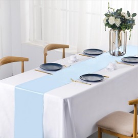 SiinvdaBZX - Camino de mesa de satén azul claro, 4 piezas, 30,5 x 274,3 cm de largo, decoración de boda de satén brillante para fiestas de cumpleaños, bufé, banquetes, graduaciones, compromisos