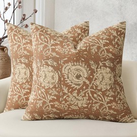 DKwizme Vintage Floral Print Throw Pillow Covers 18x18 Set of 2 Neutral Modern Farmhouse Pillowcases Accent Decorative Cushion Covers Boho Home Decor for Couch Sofa Chair Bed Living Room, Cognac